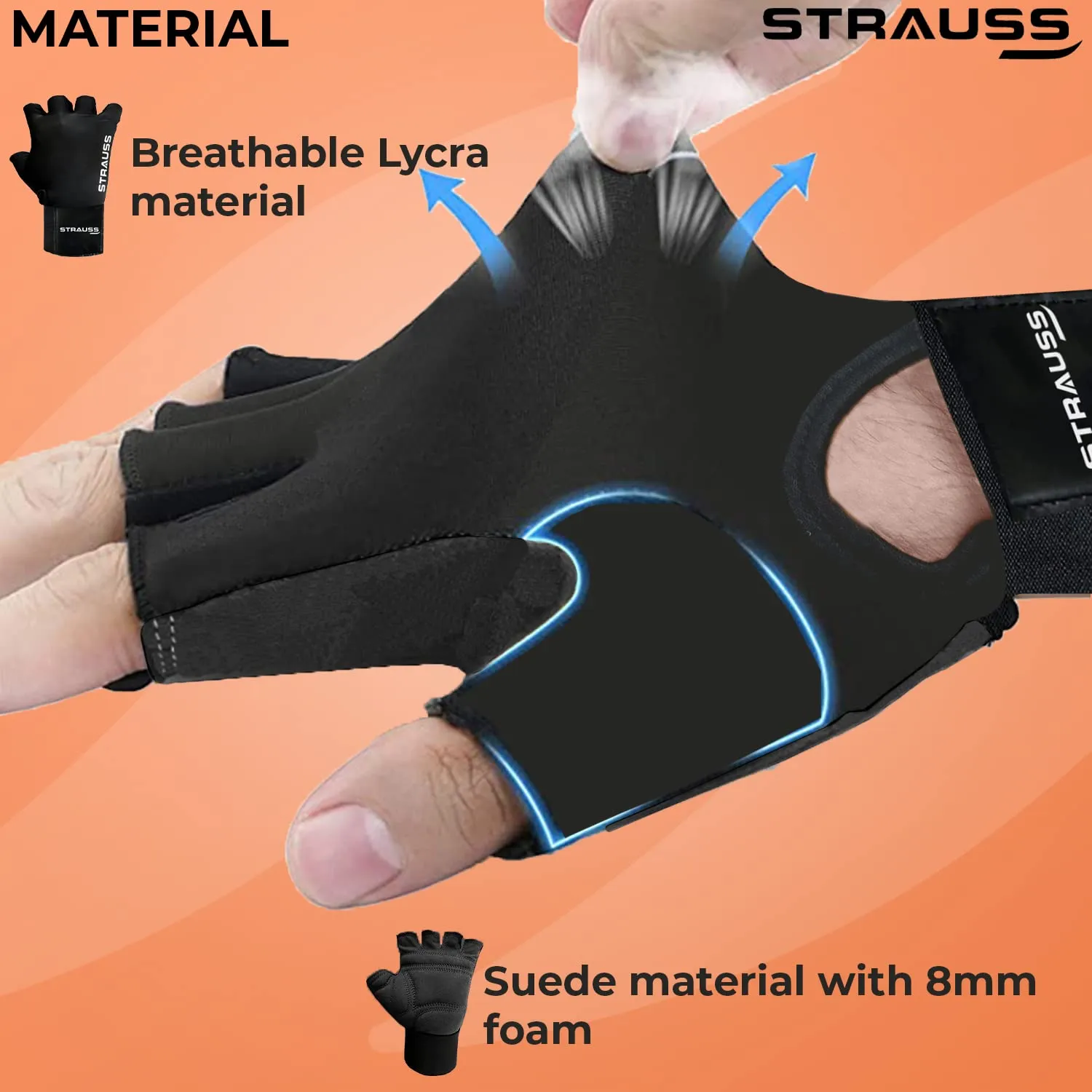 STRAUSS Suede Gym Gloves for Weightlifting, Training, Cycling, Exercise & Gym | Half Finger Design, 8mm Foam Cushioning, Anti-Slip & Breathable Lycra Material, (Black), (Large)