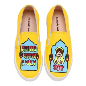 THE QUIRKY NAARI Good Vibes Only Slipons with Some Indian Flair | Yellow | 5 UK