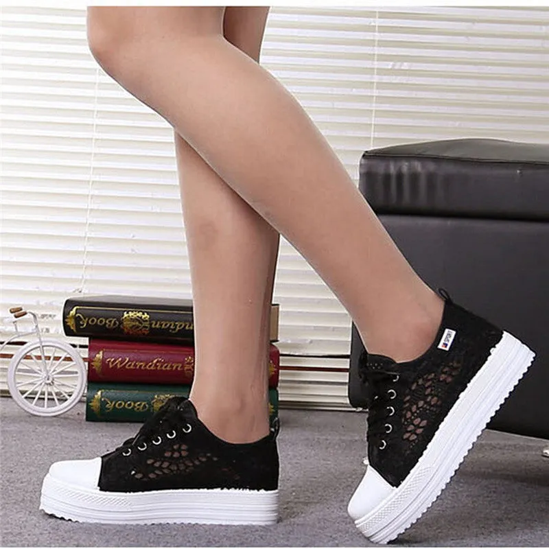 Women shoes 2019 fashion summer casual ladies shoes cutouts lace canvas hollow breathable platform flat shoes woman sneakers