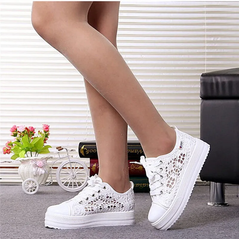 Women shoes 2019 fashion summer casual ladies shoes cutouts lace canvas hollow breathable platform flat shoes woman sneakers