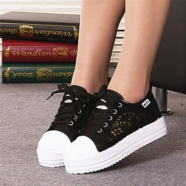 Women shoes 2019 fashion summer casual ladies shoes cutouts lace canvas hollow breathable platform flat shoes woman sneakers