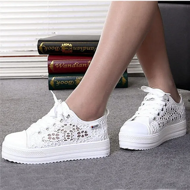 Women shoes 2019 fashion summer casual ladies shoes cutouts lace canvas hollow breathable platform flat shoes woman sneakers