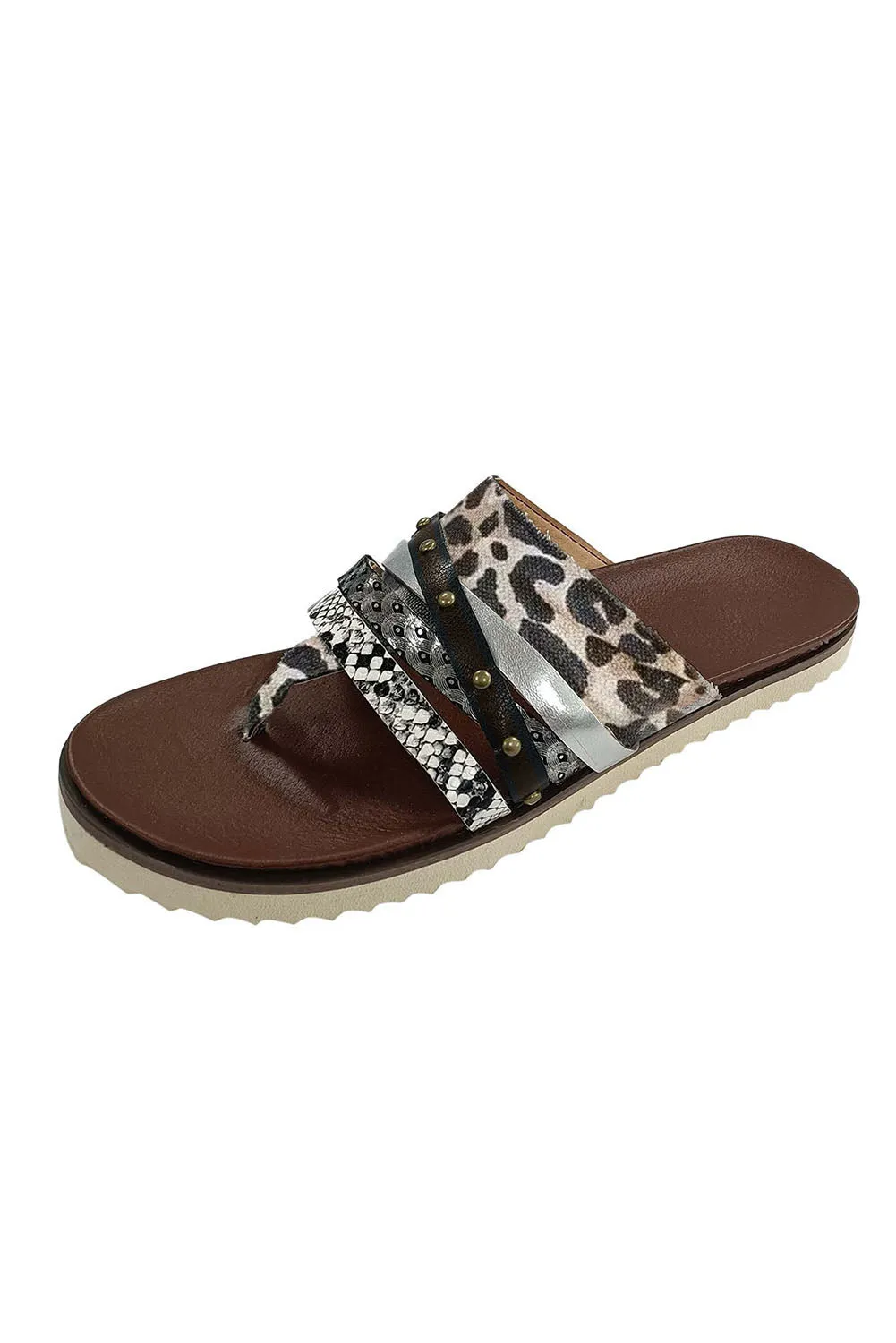 Women's Casual Slide Flat Studded Animal Print Flip Flop Sandals