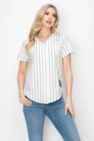 Women's Cotton White Baseball Jersey with Pinstripes