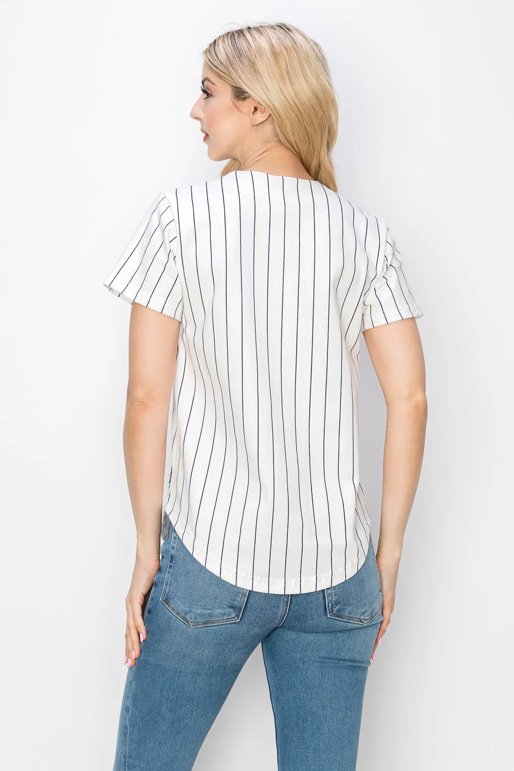 Women's Cotton White Baseball Jersey with Pinstripes