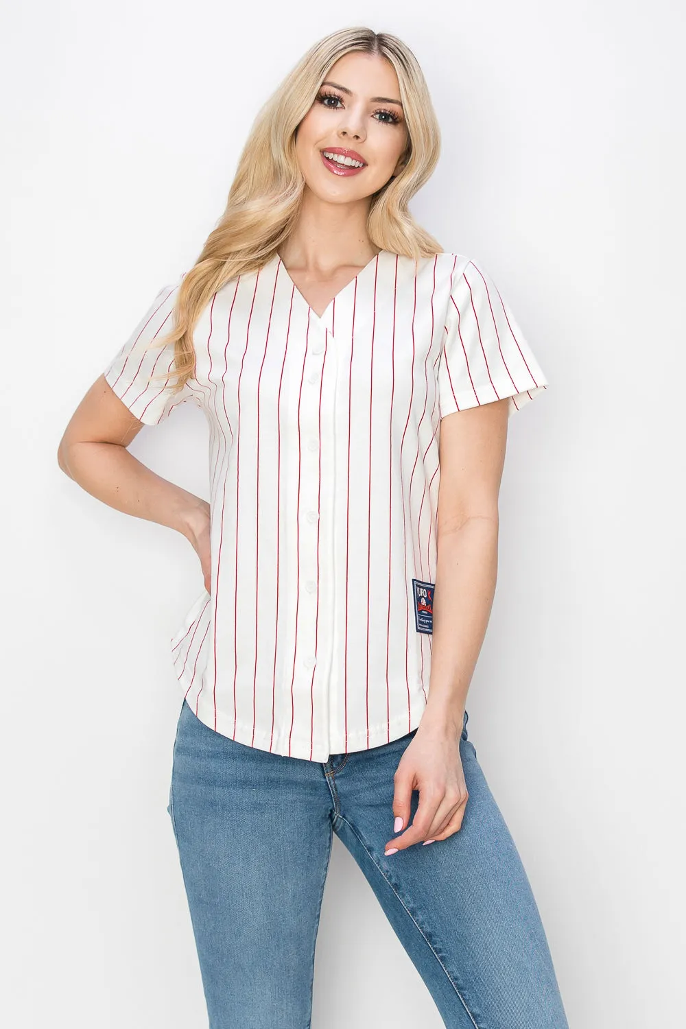 Women's Cotton White Baseball Jersey with Pinstripes